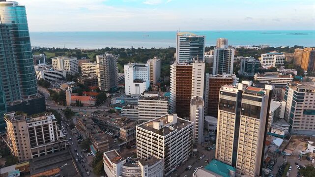 Aerial view of Dar es Salaam showcasing urban growth, business districts, and a rapidly developing economy.