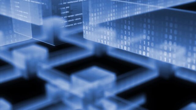 Flying through Royal blue  color blockchain network with binary code cybersecurity futuristic big data transfer technology background