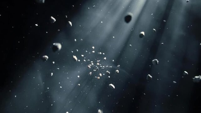 Asteroids floating in deep space in a cinematic style on a dark background, symbolizing cosmos and exploration