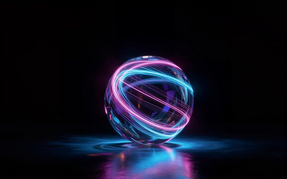 Neon-lit globe pulses with vibrant pink and blue light trails against a dark background.