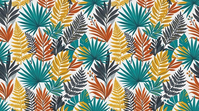 Seamless tropical pattern with exotic leaves and ferns in vibrant colors on white background