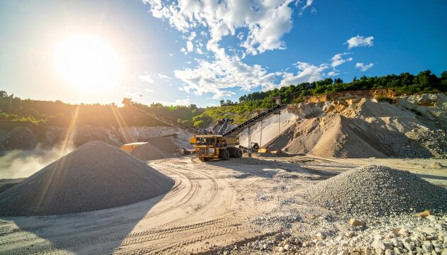 Excavator working in snowy mountain mining quarry with heavy machinery and trucks on site