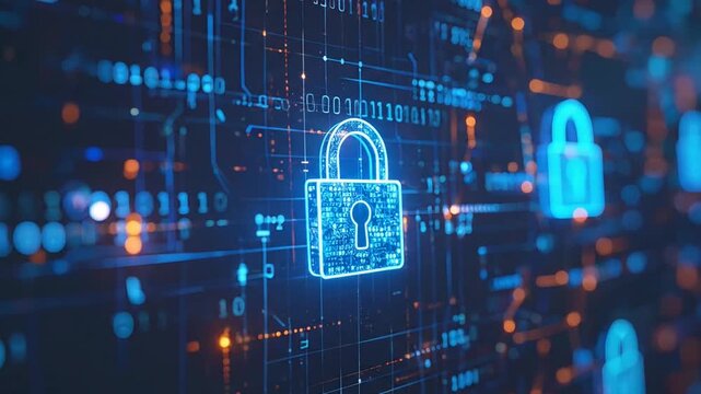 Glowing blue digital padlock on a dark screen with binary code and abstract data network
