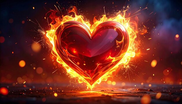 A radiant red heart engulfed in golden flames glows amid twilight shadows, symbolizing love&rsquo;s fierce energy, emotional transformation, and the eternal fire of human connection.