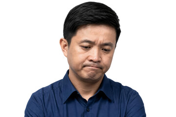 Obraz premium Portrait of a Disappointed and Sad Middle-Aged Asian Man Looking Down Isolated on White Background