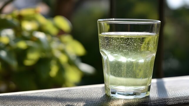 A refreshing beverage is bathed in bright daylight creating a mood of thirst quenching relaxation
