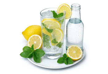 Fototapeta premium Glass of sparkling water with lemon slices, fresh mint and ice on a plate beside a bottle and whole lemons; bright, refreshing beverage for summer or wellness themes.