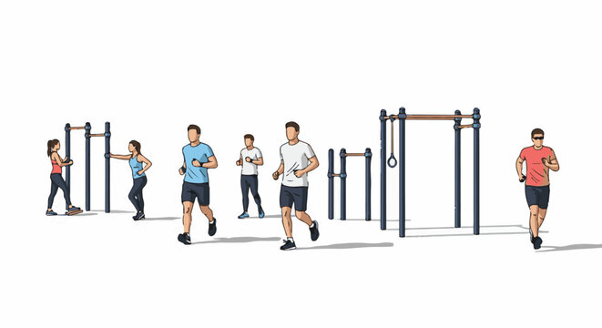A digital illustration of people exercising outdoors on various workout equipment
