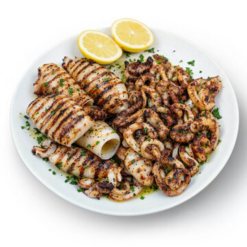 Grilled calamari rings and tubes served on a white plate with lemon halves and chopped parsley. Mediterranean seafood meal.
