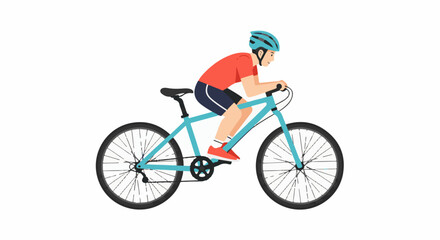Obraz premium A person wearing a red shirt and blue helmet rides a blue bicycle