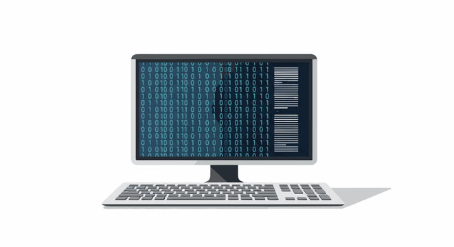 A computer monitor displays binary code on screen with a keyboard