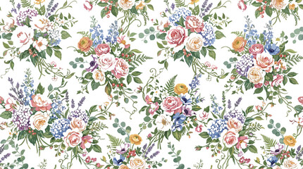 Vintage English garden floral seamless pattern. Elegant botanical background with blooming rose bouquets, hydrangeas, and lavender vector illustration. © MASUD