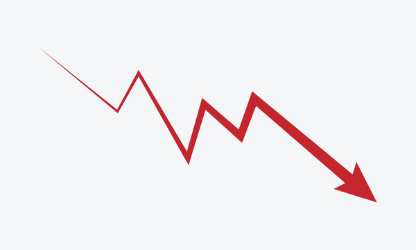 Red jagged arrow pointing down on a white background . Vector Illustration . EPS 10 .