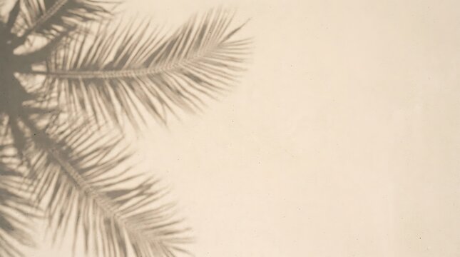 Shadow of palm leaves on a beige textured wall background