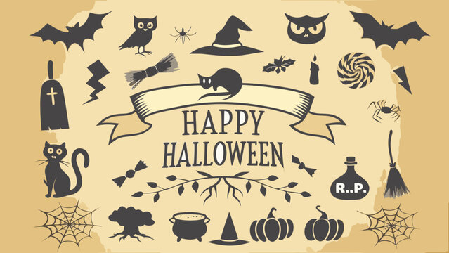 Halloween Silhouette Icons Collection Black Shapes Against A Textured Beige Background bats cat ghost owl spider witch pumpkin