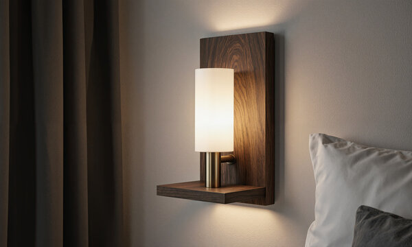 Bedside lamp sconce wooden wall light with shelf provides soft warm illumination in a minimalist bedroom interior with copy space