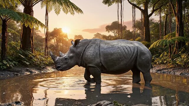 Javan Rhinoceros Standing In A Shallow Pool Surrounded By Lush Tropical Vegetation At Sunrise