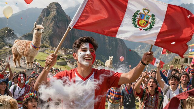 Young Peruvian fans celebrate with flags and llamas at Machu Picchu.