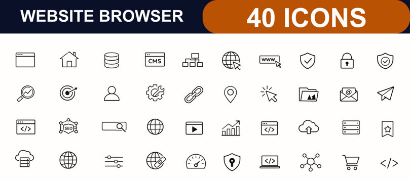 Website web icons in line style. Browser, seo tools, homepage, hosting server, content management, web interface, domain, security, navigation button. Editable stroke. Vector illustration.