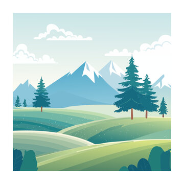 Flat color mountain landscape with pine trees and ski slope