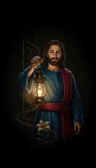 Fototapeta premium Jesus Christ holding a glowing lantern with lily flower, spiritual digital art painting with warm lighting, religious concept for Christian Easter, church banner, social media and poster design