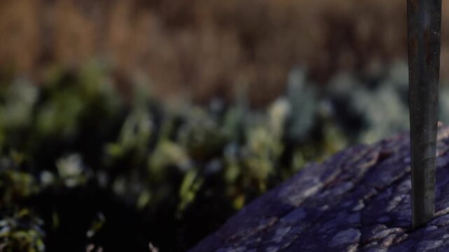 A metal stake stands firmly on top of a stone surface in an outdoor area. The background shows blurred greenery and earthy tones, suggesting a natural environment.