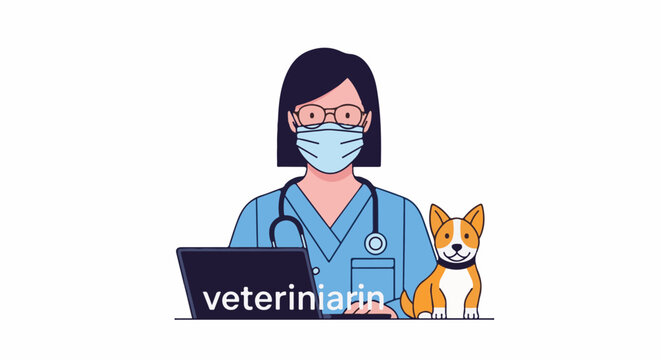 A veterinarian in blue scrubs and a mask works on a laptop with a corgi
