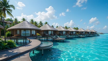 Obraz premium Luxury Overwater Bungalows in Maldives with Turquoise Ocean and Palm Trees.