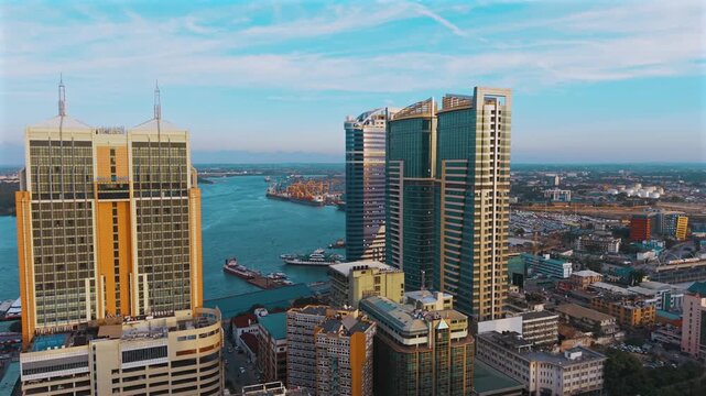 Aerial view of Dar es Salaam showcasing urban growth, business districts, and a rapidly developing economy.