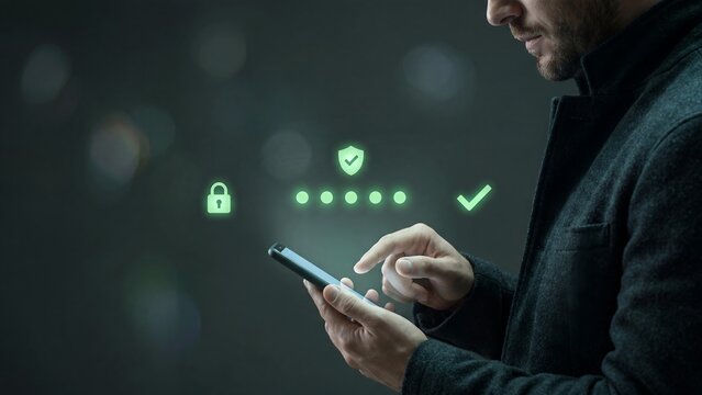 Man typing secure password on mobile phone with glowing green padlock, shield and tick icons representing two factor authentication, login security and privacy protection concept