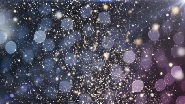 Abstract background featuring floating golden glitter particles against a soft glowing bokeh light purple backdrop