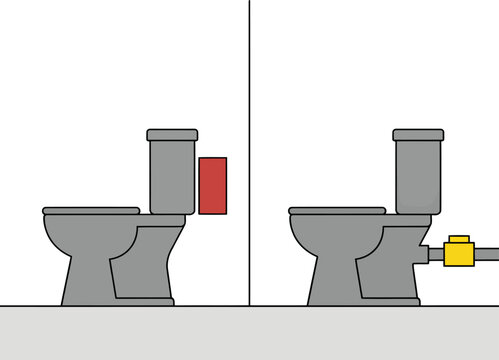 A comparative illustration highlights toilet vulnerability versus an integrated smart fixture with automatic shutoff. Clear visual contrast demonstrates improved safety and technology.