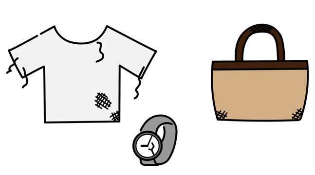 手描きのTシャツ、バッグ、腕時計の線画と不用品のセット