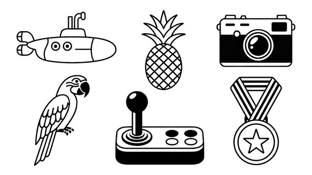 Vector icon set featuring yellow submarines, tropical pineapples, vintage cameras, colorful macaws, arcade joysticks, and winner medals.