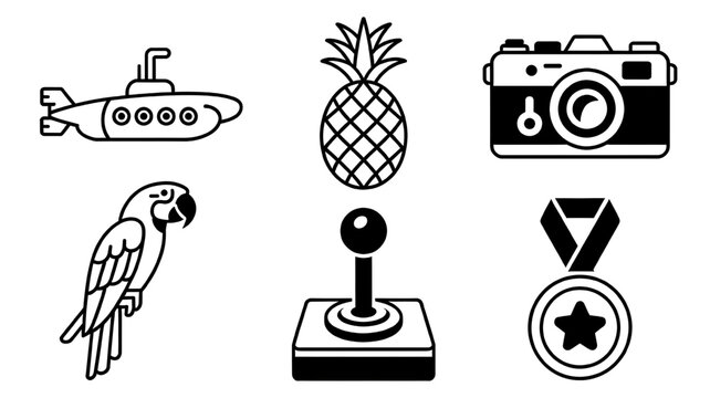 Vector icon set featuring yellow submarines, tropical pineapples, vintage cameras, colorful macaws, arcade joysticks, and winner medals.