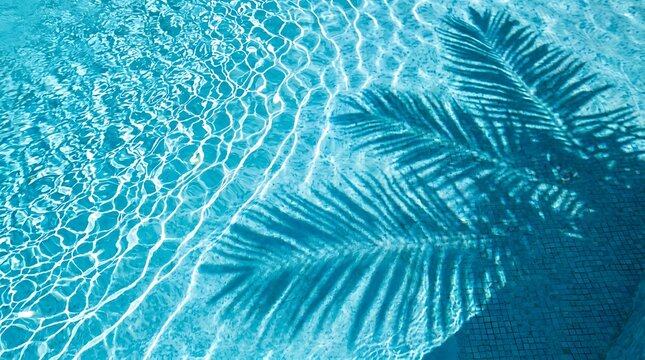 Palm leaf shadow on blue swimming pool water surface