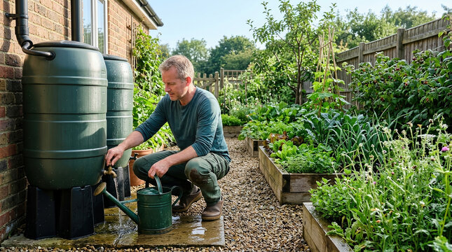 Man working in home vegetable garden collecting harvested rainwater in a watering can from a large green water butt barrel for sustainable gardening