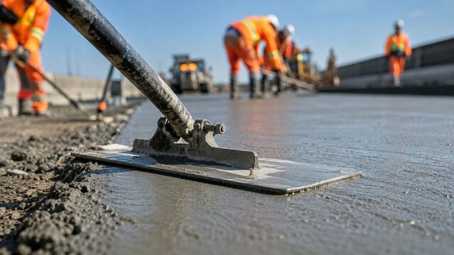 Construction workers in bright orange vests pouring and smoothing concrete on a road. Heavy machinery and tools are visible in the background, indicating an active construction site.