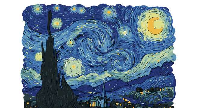 A swirling night sky with stars and a bright moon over a small town