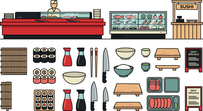 Traditional sushi restaurant vector elements set with refrigerated display counters sushi rolls knives sashimi and menu boards illustration