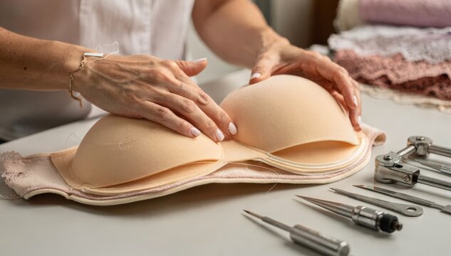 Medium shot of artisan carefully laminating foam and fabric layers for pushup bra cups highlighting detailed craftsmanship in intimate apparel manufacturing.