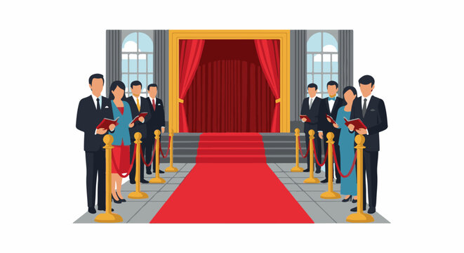 Formal event entrance with red carpet and golden barriers