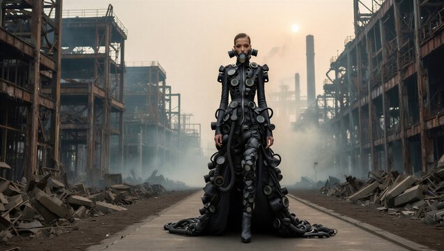 A fashion model wearing a striking black gown made of circular elements stands in an abandoned industrial area. Unique design and post-apocalyptic atmosphere.