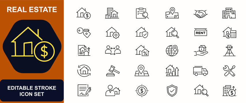 Real estate web icons in line style. Mortgage, property management, residential home, building inspection, land valuation, broker deal, apartment rent. Editable stroke. Vector illustration.