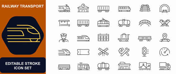 Railway transport symbols web icons in line style. Locomotive, station, freight, passenger, track, tunnel, platform, cargo, tram, ticket. Editable stroke. Vector illustration. © Senoara Studio