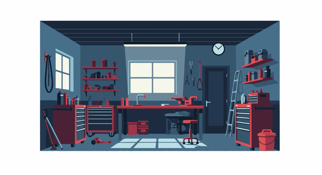 A cluttered workshop with various tools on shelves and toolboxes