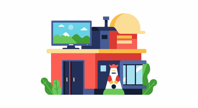 A colorful illustration of a building with a computer on top