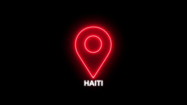 Red neon location pin icon with the word HAITI illuminated on a dark background Haiti map marker