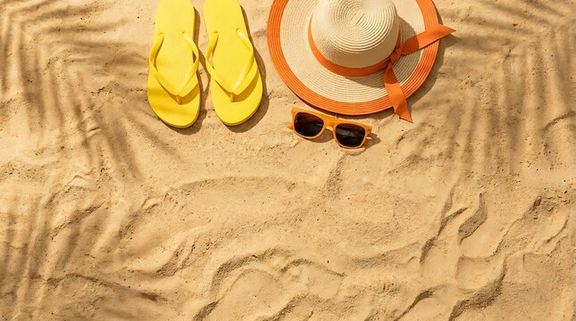 Summer vacation accessories including yellow flip flops, straw hat and sunglasses on sandy beach background