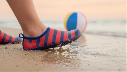 Naklejka premium Beach scene: striped water shoes, sandal footstep near ocean waves.